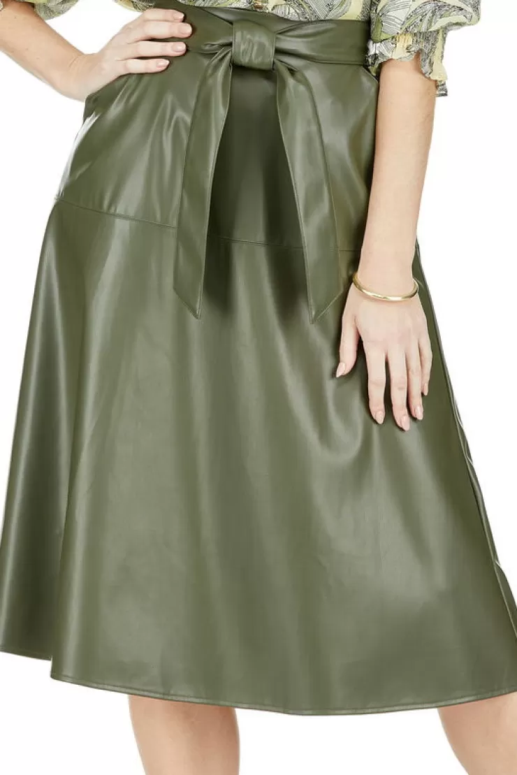 Vegan Leather Tie Waist Midi Skirt In >JADE Flash Sale